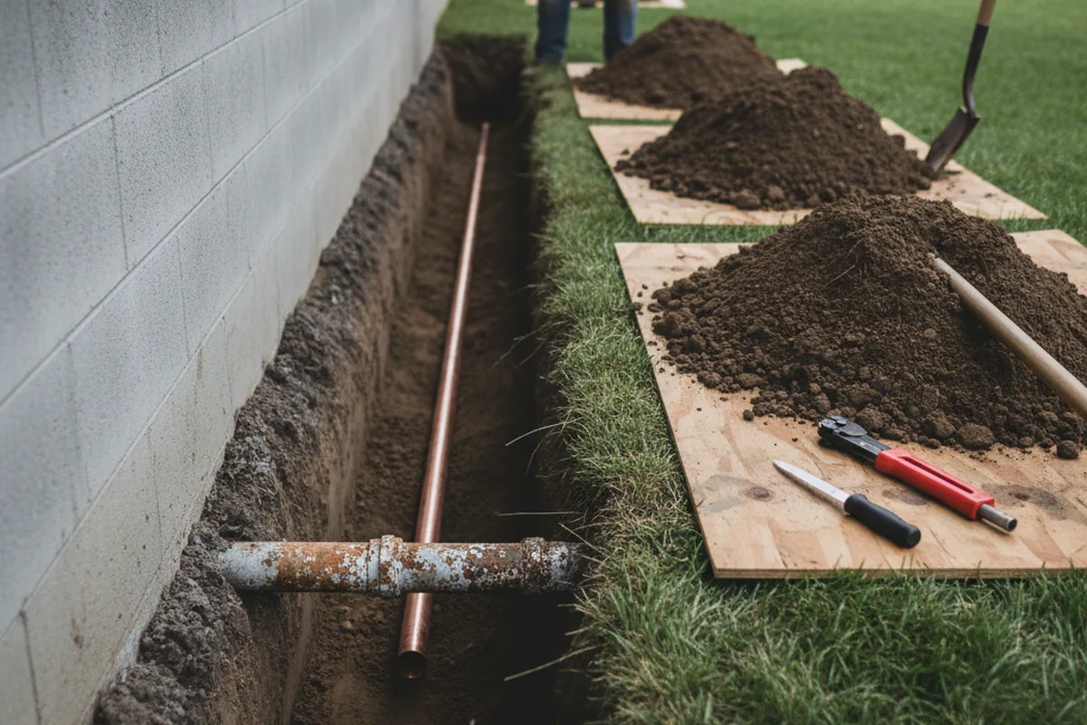 Excavated water line trench during Sewer Line Repair in Parris Island